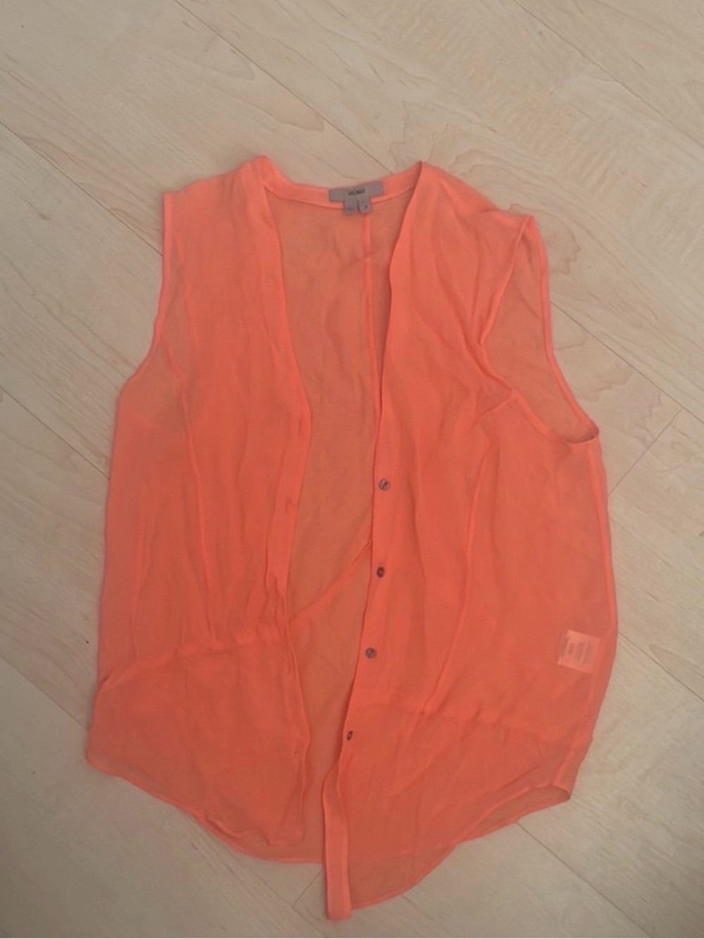 Helmut Lang Sheer Neon Coral Sleeveless Button Down Blouse